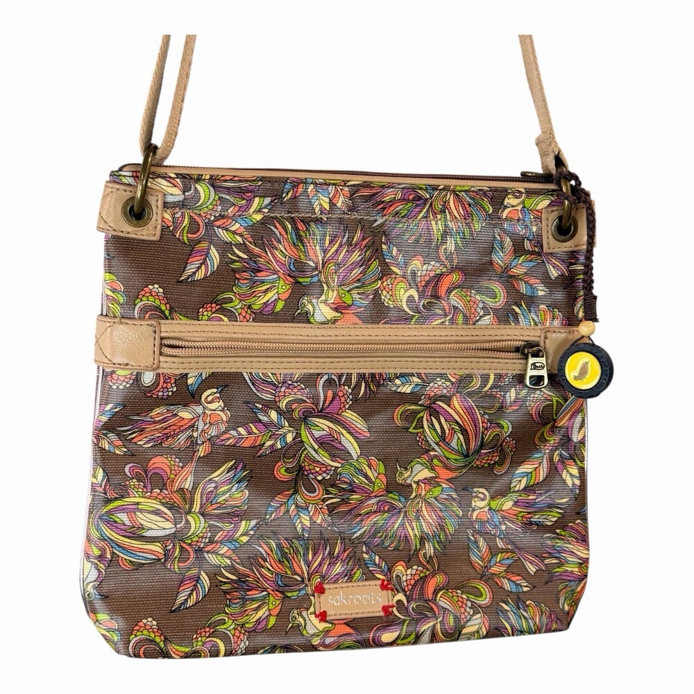 Sakroots Crossbody Bag Brown Multicolor Bird Print Boho Zip Adjustable Strap - Picture 2 of 5